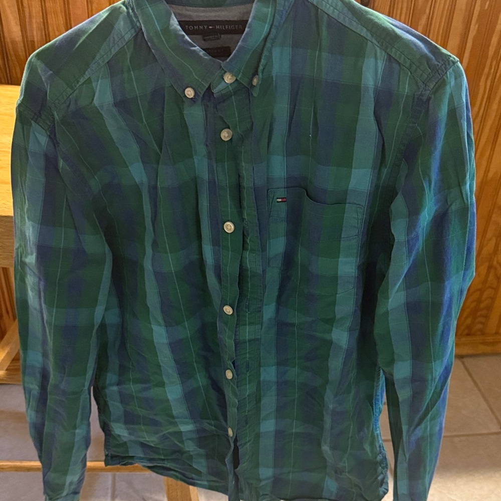 Tommy Hilfiger Blue and Green Plaid Button-Down Shirt